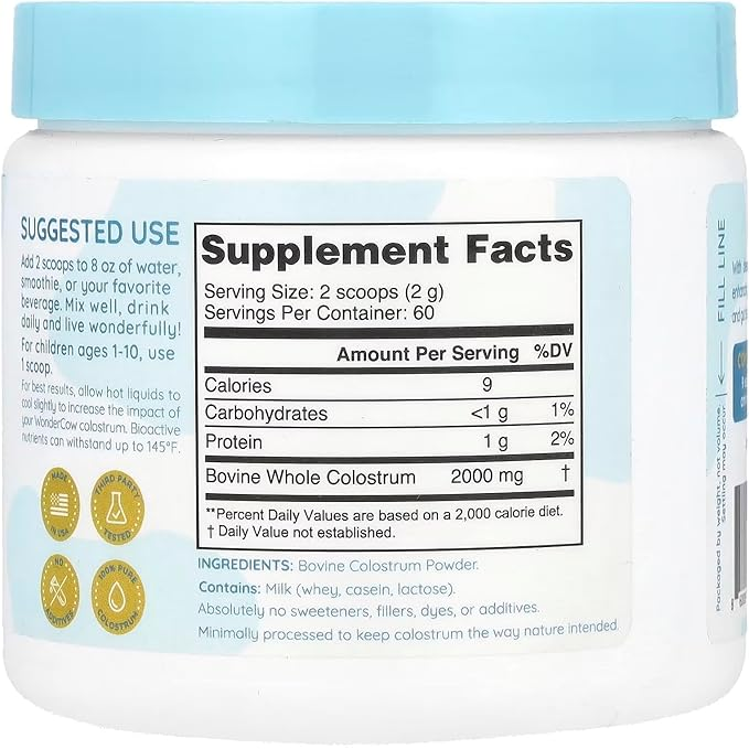 WONDERCOW Colostrum Supplement Powder for Gut Health, Immune Support, Muscle Recovery & Wellness | Natural IgG Pure Whole Bovine Colostrum Superfood, Unflavored, 60 Servings