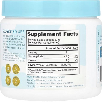 WONDERCOW Colostrum Supplement Powder for Gut Health, Immune Support, Muscle Recovery & Wellness | Natural IgG Pure Whole Bovine Colostrum Superfood, Unflavored, 60 Servings